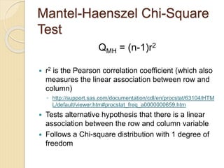 Mantel-Haenszel Chi-Square
Test
QMH = (n-1)r2
 r2 is the Pearson correlation coefficient (which also
measures the linear association between row and
column)
◦ http://support.sas.com/documentation/cdl/en/procstat/63104/HTM
L/default/viewer.htm#procstat_freq_a0000000659.htm
 Tests alternative hypothesis that there is a linear
association between the row and column variable
 Follows a Chi-square distribution with 1 degree of
freedom
 