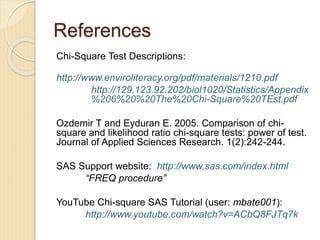 References
Chi-Square Test Descriptions:
http://www.enviroliteracy.org/pdf/materials/1210.pdf
http://129.123.92.202/biol1020/Statistics/Appendix
%206%20%20The%20Chi-Square%20TEst.pdf
Ozdemir T and Eyduran E. 2005. Comparison of chi-
square and likelihood ratio chi-square tests: power of test.
Journal of Applied Sciences Research. 1(2):242-244.
SAS Support website: http://www.sas.com/index.html
“FREQ procedure”
YouTube Chi-square SAS Tutorial (user: mbate001):
http://www.youtube.com/watch?v=ACbQ8FJTq7k
 