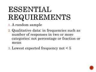 1. A random sample
2. Qualitative data; in frequencies such as
number of responses in two or more
categories; not percentage or fraction or
mean
3. Lowest expected frequency not < 5
 