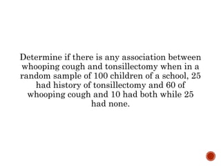 Determine if there is any association between
whooping cough and tonsillectomy when in a
random sample of 100 children of a school, 25
had history of tonsillectomy and 60 of
whooping cough and 10 had both while 25
had none.
 