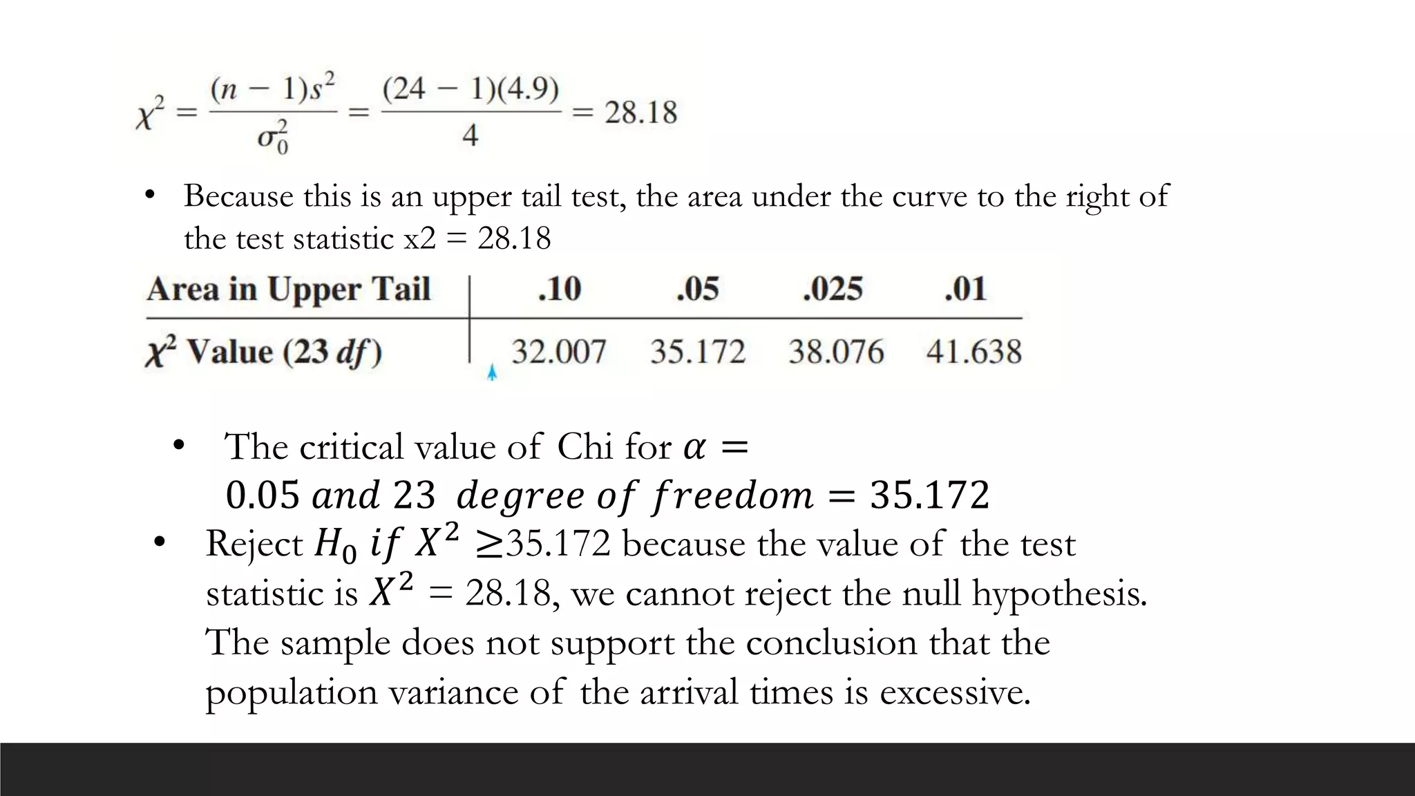 • Because this is an upper tail test, the area under the curve to the right of
the test statistic x2 = 28.18
• The critical value of Chi for 𝛼 =
0.05 𝑎𝑛𝑑 23 𝑑𝑒𝑔𝑟𝑒𝑒 𝑜𝑓 𝑓𝑟𝑒𝑒𝑑𝑜𝑚 = 35.172
• Reject 𝐻0 𝑖𝑓 𝑋2
≥35.172 because the value of the test
statistic is 𝑋2 = 28.18, we cannot reject the null hypothesis.
The sample does not support the conclusion that the
population variance of the arrival times is excessive.
 