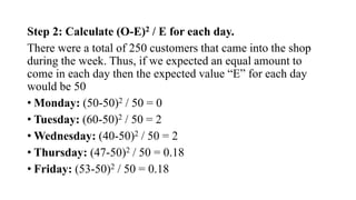 Step 2: Calculate (O-E)2 / E for each day.
There were a total of 250 customers that came into the shop
during the week. Thus, if we expected an equal amount to
come in each day then the expected value “E” for each day
would be 50
• Monday: (50-50)2 / 50 = 0
• Tuesday: (60-50)2 / 50 = 2
• Wednesday: (40-50)2 / 50 = 2
• Thursday: (47-50)2 / 50 = 0.18
• Friday: (53-50)2 / 50 = 0.18
 