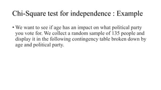 Chi-Square test for independence : Example
• We want to see if age has an impact on what political party
you vote for. We collect a random sample of 135 people and
display it in the following contingency table broken down by
age and political party.
 