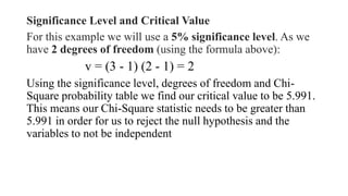 Significance Level and Critical Value
For this example we will use a 5% significance level. As we
have 2 degrees of freedom (using the formula above):
v = (3 - 1) (2 - 1) = 2
Using the significance level, degrees of freedom and Chi-
Square probability table we find our critical value to be 5.991.
This means our Chi-Square statistic needs to be greater than
5.991 in order for us to reject the null hypothesis and the
variables to not be independent
 