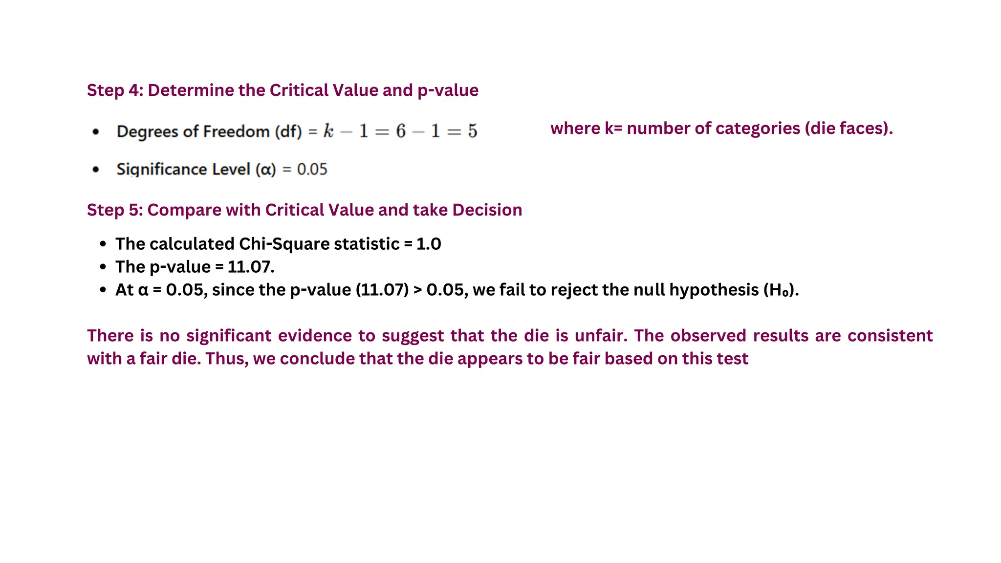 Step 4: Determine the Critical Value and p-value
where k= number of categories (die faces).
Step 5: Compare with Critical Value and take Decision
The calculated Chi-Square statistic = 1.0
The p-value = 11.07.
At α = 0.05, since the p-value (11.07) > 0.05, we fail to reject the null hypothesis (H₀).
There is no significant evidence to suggest that the die is unfair. The observed results are consistent
with a fair die. Thus, we conclude that the die appears to be fair based on this test
 