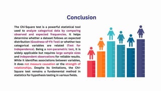 The Chi-Square test is a powerful statistical tool
used to analyze categorical data by comparing
observed and expected frequencies. It helps
determine whether a dataset follows an expected
distribution (Goodness-of-Fit Test) or whether two
categorical variables are related (Test for
Independence). Being a non-parametric test, it is
widely applicable but requires large sample sizes
and independent observations for reliable results.
While it identifies associations between variables,
it does not measure causation or the strength of
relationships. Despite its limitations, the Chi-
Square test remains a fundamental method in
statistics for hypothesis testing in various fields.
Conclusion
 