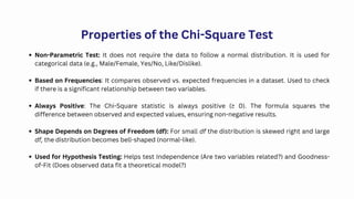 Non-Parametric Test: It does not require the data to follow a normal distribution. It is used for
categorical data (e.g., Male/Female, Yes/No, Like/Dislike).
Based on Frequencies: It compares observed vs. expected frequencies in a dataset. Used to check
if there is a significant relationship between two variables.
Always Positive: The Chi-Square statistic is always positive (≥ 0). The formula squares the
difference between observed and expected values, ensuring non-negative results.
Shape Depends on Degrees of Freedom (df): For small df the distribution is skewed right and large
df, the distribution becomes bell-shaped (normal-like).
Used for Hypothesis Testing: Helps test Independence (Are two variables related?) and Goodness-
of-Fit (Does observed data fit a theoretical model?)
Properties of the Chi-Square Test
 