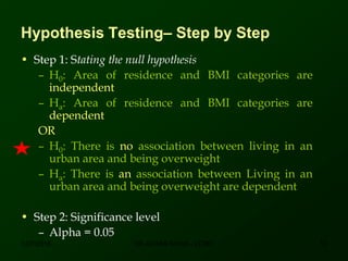 Hypothesis Testing– Step by Step
• Step 1: Stating the null hypothesis
– H0: Area of residence and BMI categories are
independent
– Ha: Area of residence and BMI categories are
dependent
OR
– H0: There is no association between living in an
urban area and being overweight
– Ha: There is an association between Living in an
urban area and being overweight are dependent
• Step 2: Significance level
– Alpha = 0.05
12/7/2016 10DR ATHAR KHAN - LCMD
 