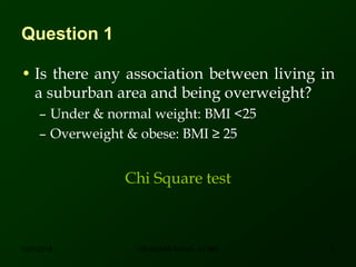 Question 1
• Is there any association between living in
a suburban area and being overweight?
– Under & normal weight: BMI <25
– Overweight & obese: BMI ≥ 25
Chi Square test
12/7/2016 5DR ATHAR KHAN - LCMD
 