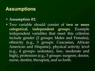 Assumptions
• Assumption #2:
• Two variable should consist of two or more
categorical, independent groups. Example
independent variables that meet this criterion
include gender (2 groups: Males and Females),
ethnicity (e.g., 3 groups: Caucasian, African
American and Hispanic), physical activity level
(e.g., 4 groups: sedentary, low, moderate and
high), profession (e.g., 5 groups: surgeon, doctor,
nurse, dentist, therapist), and so forth.
12/7/2016 9DR ATHAR KHAN - LCMD
 