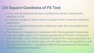 Chi Square Goodness of Fit Test
A Ho and Ha established and a significance level is selected for
rejection of Ho.
A random sample of observations is drawn from a relevant statistical
population.
A set of expected frequencies is derived under the assumption that
the Ho is true
The observed frequencies compared with the expected frequencies
The calculated value of Chi-Square goodness of fit test is compared
with the table value. If the calculated value of chi-square goodness of
fit is greater than the table value, we will reject the null hypothesis and
conclude that there is a significant difference between the observed
and the expected frequency.
1.
2.
3.
4.
5.
 