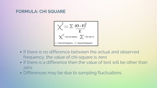 If there is no difference between the actual and observed
frequency, the value of chi-square is zero
If there is a difference then the value of test will be other than
zero
Differences may be due to sampling fluctuations
FORMULA: CHI SQUARE
 