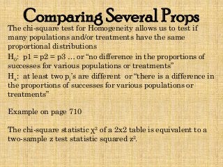 Comparing Several PropsThe chi-square test for Homogeneity allows us to test if
many populations and/or treatments have the same
proportional distributions
H0: p1 = p2 = p3 … or “no difference in the proportions of
successes for various populations or treatments”
Ha: at least two pi’s are different or “there is a difference in
the proportions of successes for various populations or
treatments”
Example on page 710
The chi-square statistic χ2 of a 2x2 table is equivalent to a
two-sample z test statistic squared z2.
 