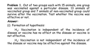 Problem 1. Out of two groups each with 15 animals, one group
was vaccinated against a particular disease. 13 animals of
vaccinated group and 7 animals of non-vaccinated group could
survive after the vaccination. Test whether the vaccine was
effective or not.
Answer:
(i) Formation of hypothesis:
HO: Vaccination is independent of the incidence of
disease or vaccine has no effect on the disease or vaccine is
not effective.
HA: Vaccination is not independent of the incidence of
the disease or vaccine may be effective against the disease.
 