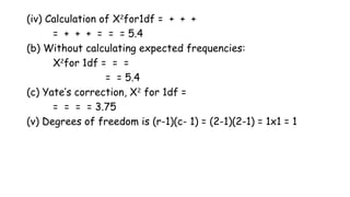(iv) Calculation of X2
for1df = + + +
= + + + = = = 5.4
(b) Without calculating expected frequencies:
X2
for 1df = = =
= = 5.4
(c) Yate’s correction, X2
for 1df =
= = = = 3.75
(v) Degrees of freedom is (r-1)(c- 1) = (2-1)(2-1) = 1x1 = 1
 