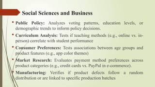 Social Sciences and Business
 Public Policy: Analyzes voting patterns, education levels, or
demographic trends to inform policy decisions.
 Curriculum Analysis: Tests if teaching methods (e.g., online vs. in-
person) correlate with student performance
 Consumer Preferences: Tests associations between age groups and
product features (e.g., app color themes)
 Market Research: Evaluates payment method preferences across
product categories (e.g., credit cards vs. PayPal in e-commerce).
 Manufacturing: Verifies if product defects follow a random
distribution or are linked to specific production batches
 