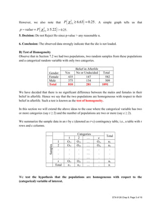 However, we also note that ( )2
(5) 6.63 0.25P χ ≥ = . A simple graph tells us that
( )2
(5) 5.22p value P χ− = ≥ > 0.25.
5. Decision: Do not Reject Ho since p-value > any reasonable α.
6. Conclusion: The observed data strongly indicate that the die is not loaded.
B) Test of Homogeneity
Observe that in Section 7.2 we had two populations, two random samples from these populations
and a categorical random variable with only two categories.
Gender
Belief in Afterlife
Yes No or Undecided Total
Female 435 147 582
Male 375 134 509
Total 810 281 1091
We have decided that there is no significant difference between the males and females in their
belief in afterlife. Hence we say that the two populations are homogeneous with respect to their
belief in afterlife. Such a test is known as the test of homogeneity.
In this section we will extend the above ideas to the case where the categorical variable has two
or more categories (say r ≥ 2) and the number of populations are two or more (say c ≥ 2).
We summarize the sample data in an r by c (denoted as r×c) contingency table, i.e., a table with r
rows and c columns.
Categories
Total
Samples
1 2 … c
1 O11 O12 … O1c n1.
2 O21 O22 … O2c n2.
.
.
.
.
.
.
.
.
.
…
…
…
.
.
.
.
.
.
r Or1 Or2 … . nr.
Total n.1 n.2 … . n..
We test the hypothesis that the populations are homogeneous with respect to the
(categorical) variable of interest.
STA 6126 Chap 8, Page 3 of 19
 