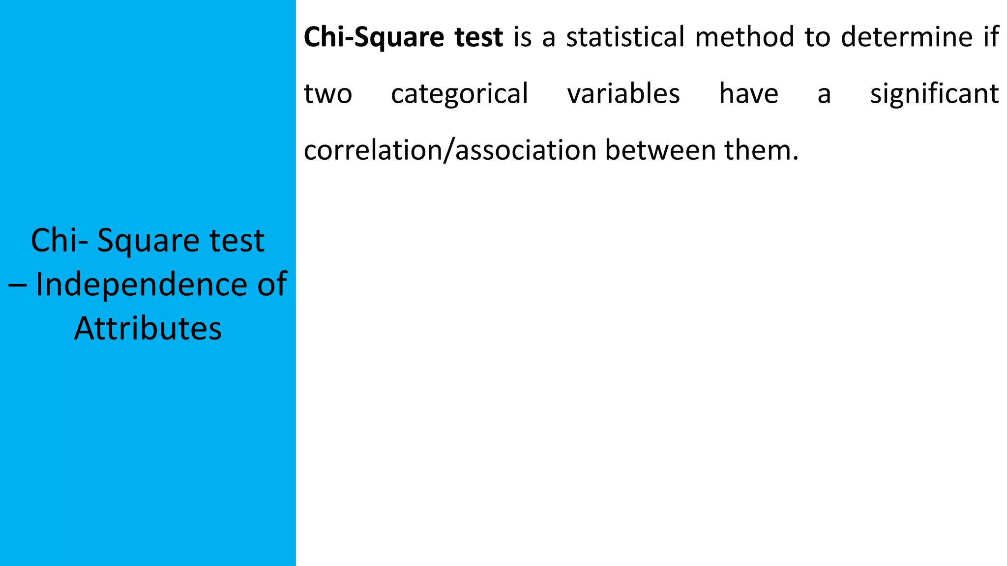 Chi- Square test
– Independence of
Attributes
Chi-Square test is a statistical method to determine if
two categorical variables have a significant
correlation/association between them.
 