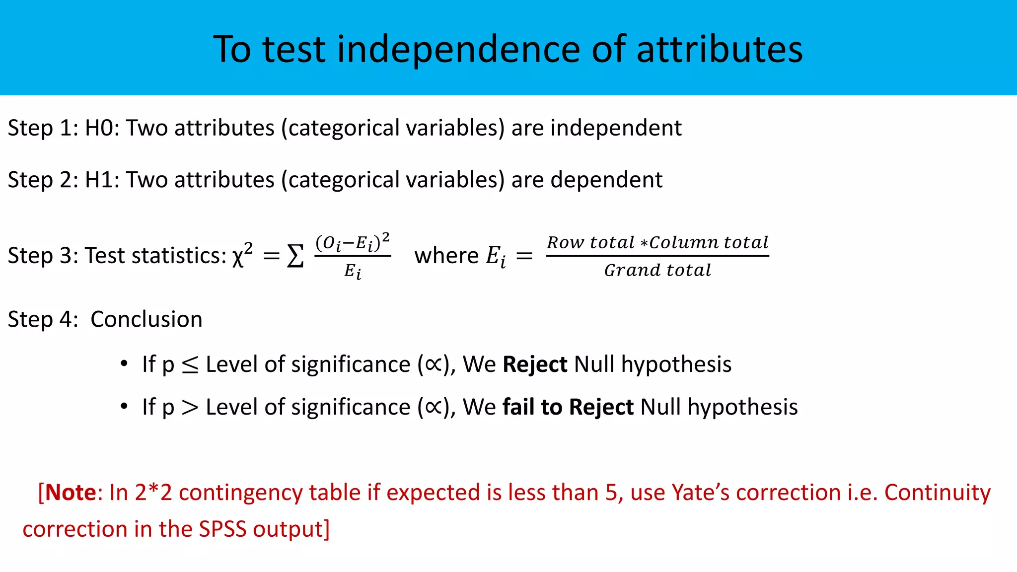 To test independence of attributes
Step 1: H0: Two attributes (categorical variables) are independent
Step 2: H1: Two attributes (categorical variables) are dependent
Step 3: Test statistics: χ2 =
(𝑂𝑖−𝐸𝑖)2
𝐸𝑖
where 𝐸𝑖 =
𝑅𝑜𝑤 𝑡𝑜𝑡𝑎𝑙 ∗𝐶𝑜𝑙𝑢𝑚𝑛 𝑡𝑜𝑡𝑎𝑙
𝐺𝑟𝑎𝑛𝑑 𝑡𝑜𝑡𝑎𝑙
Step 4: Conclusion
• If p ≤ Level of significance (∝), We Reject Null hypothesis
• If p > Level of significance (∝), We fail to Reject Null hypothesis
[Note: In 2*2 contingency table if expected is less than 5, use Yate’s correction i.e. Continuity
correction in the SPSS output]
 