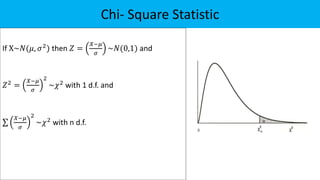 Chi- Square Statistic
If X~𝑁(𝜇, 𝜎2) then 𝑍 =
𝑋−𝜇
𝜎
~𝑁(0,1) and
𝑍2
=
𝑋−𝜇
𝜎
2
~𝜒2
with 1 d.f. and
𝑋−𝜇
𝜎
2
~𝜒2
with n d.f.
 