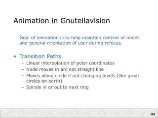 105
Animation in Gnutellavision
Goal of animation is to help maintain context of nodes
and general orientation of user during refocus
• Transition Paths
– Linear interpolation of polar coordinates
– Node moves in arc not straight line
– Moves along circle if not changing levels (like great
circles on earth)
– Spirals in or out to next ring
 