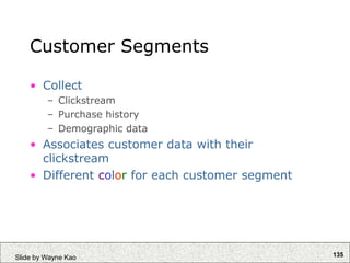 135
Slide by Wayne Kao
Customer Segments
• Collect
– Clickstream
– Purchase history
– Demographic data
• Associates customer data with their
clickstream
• Different color for each customer segment
 