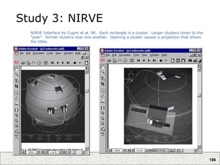 186
Study 3: NIRVE
NIRVE Interface by Cugini et al. 96. Each rectangle is a cluster. Larger clusters closer to the
“pole”. Similar clusters near one another. Opening a cluster causes a projection that shows
the titles.
 
