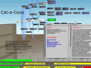 196
Cat-a-Cone
Marti Hearst and Chandu Karadi, Cat-a-
Cone: An Interactive Interface for
Specifying Searches and Viewing
Retrieval Results using a Large Category
Hierarchy Proceedings of the 20th Annual
International ACM/SIGIR Conference
Philadelphia, PA, July 1997
 