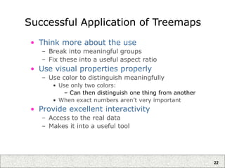 22
Successful Application of Treemaps
• Think more about the use
– Break into meaningful groups
– Fix these into a useful aspect ratio
• Use visual properties properly
– Use color to distinguish meaningfully
• Use only two colors:
– Can then distinguish one thing from another
• When exact numbers aren’t very important
• Provide excellent interactivity
– Access to the real data
– Makes it into a useful tool
 