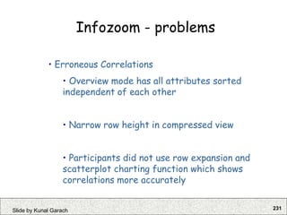 231
Slide by Kunal Garach
Infozoom - problems
• Erroneous Correlations
• Overview mode has all attributes sorted
independent of each other
• Narrow row height in compressed view
• Participants did not use row expansion and
scatterplot charting function which shows
correlations more accurately
 