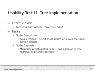 244
Slide by Craig Rixford
Usability Test II: Tree implementation
• Three views:
– TreeMap eliminated from this round
• Tasks
– Node Description
• Four versions – select those nodes or leaves that meet
certain criteria
– Node Analysis:
• Memorize a highlighted node – find again after tree
redrawn in different position
 