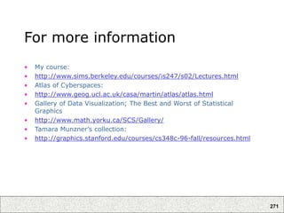 271
For more information
• My course:
• http://www.sims.berkeley.edu/courses/is247/s02/Lectures.html
• Atlas of Cyberspaces:
• http://www.geog.ucl.ac.uk/casa/martin/atlas/atlas.html
• Gallery of Data Visualization; The Best and Worst of Statistical
Graphics
• http://www.math.yorku.ca/SCS/Gallery/
• Tamara Munzner’s collection:
• http://graphics.stanford.edu/courses/cs348c-96-fall/resources.html
 