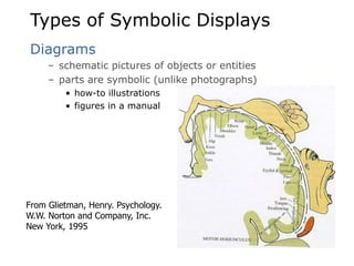 Types of Symbolic Displays
Diagrams
– schematic pictures of objects or entities
– parts are symbolic (unlike photographs)
• how-to illustrations
• figures in a manual
From Glietman, Henry. Psychology.
W.W. Norton and Company, Inc.
New York, 1995
 