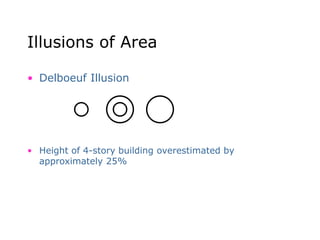 Illusions of Area
• Delboeuf Illusion
• Height of 4-story building overestimated by
approximately 25%
 
