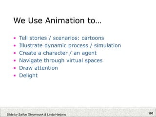 100
Slide by Saifon Obromsook & Linda Harjono
We Use Animation to…
• Tell stories / scenarios: cartoons
• Illustrate dynamic process / simulation
• Create a character / an agent
• Navigate through virtual spaces
• Draw attention
• Delight
 