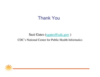 Thank You


        Suzi Gates (sgates@cdc.gov )
CDC’s National Center for Public Health Informatics 
 