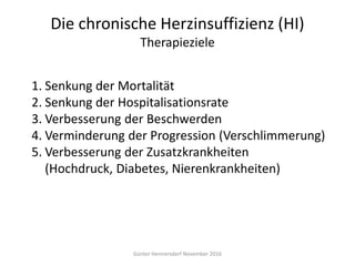 Die chronische Herzinsuffizienz (HI)
Therapieziele
Günter Hennersdorf November 2016
1. Senkung der Mortalität
2. Senkung der Hospitalisationsrate
3. Verbesserung der Beschwerden
4. Verminderung der Progression (Verschlimmerung)
5. Verbesserung der Zusatzkrankheiten
(Hochdruck, Diabetes, Nierenkrankheiten)
 