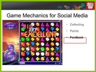 Game Mechanics for Social Media <ul><li>Collecting </li></ul><ul><li>Points </li></ul><ul><li>Feedback </li></ul>