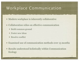 Workplace Communication

Modern workplace is inherently collaborative

Collaboration relies on effective communication
  B...