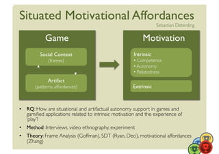 Situated Motivational Affordances
                                                                     Sebastian Deterding	


             Game	

                                       Motivation	

         Social Context	

                            Intrinsic	

              (frames)	

                             • Competence	

                                                      • Autonomy	

                                                      • Relatedness	

              Artifact	

       (patterns, affordances)	

                    Extrinsic	




•  RQ: How are situational and artifactual autonomy support in games and
   gamiﬁed applications related to intrinsic motivation and the experience of
   ‘play’?	

•  Method: Interviews, video ethnography, experiment	

•  Theory: Frame Analysis (Goffman), SDT (Ryan, Deci), motivational affordances
   (Zhang)	

 