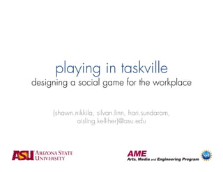 playing in taskville
designing a social game for the workplace


     {shawn.nikkila, silvan.linn, hari.sundaram,
             aisling.kelliher}@asu.edu
 