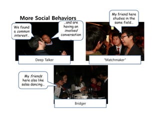 More Social Behaviors
                                                My friend here
                                                studies in the
                           …and are              same field…
We found                   having an
a common                    involved
interest…                 conversation
                               …




            Deep Talker                     “Matchmaker”



      My friends
     here also like
    salsa dancing…




                                  Bridger
 