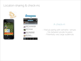 Location-sharing  check-ins




                                           A check-in

                               - Manual pairing with semantic ‘venues’
                                    - Mix between private  public
                                  - Potentially very large audiences
 