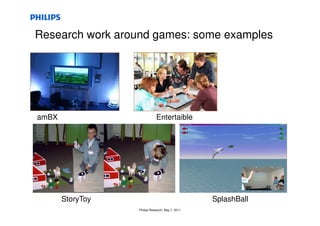 Research work around games: some examples




amBX                         Entertaible




       StoryToy                                   SplashBall
                  Philips Research, May 7, 2011
 