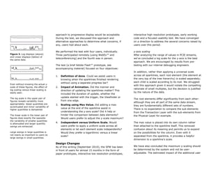 approach to progressive display would be acceptable.       interactive high resolution prototypes, early working
                                        During the test, we discussed this approach and            code and a focused usability test. We have converged
                                        alternative approaches to determine what concerns, if      on a direction to address the several concerns raised by
                                        any, users had about each.                                 users over this period.

                                        We performed the test with four users, individually.       y-axis scaling
Figure 3. Log displays (above)          Three participated remotely (using WebEx™ and              After analyzing the range of values in PCIE streams,
and Linear displays (below) of
                                        teleconferencing) and the fourth was in person.            we’ve concluded a log scale for the y-axis is the best
the same data.
                                                                                                   approach. We are encouraged by results from pre-
                                        The test (a brief Adobe Flash™ prototype, see              testing with our internal debugging engineers.
                                        accompanying material) focused on four objectives:
                                                                                                   In addition, rather than applying a universal scale
                                        1.   Definition of done. Could we assist users in          across all sparklines, each root element (the element at
                                             knowing when the sparklines finished rendering        the very top of the tree hierarchy) is scaled separately;
                                             without using a separate progress bar?                each child is scaled according to its root. We struggled
Even without knowing the actual y-
                                                                                                   with this approach given it would violate the compelling
scale of these figures, the effect of   2.   Impact of Animation. Did the manner and
log scaling versus linear scaling is
                                                                                                   rationale of small multiples, but the decision is justified
                                             direction of updating the sparklines matter? This
easily seen.                                                                                       by the nature of the data.
                                             included the duration of update, whether the
The log scale in the upper pair of
                                             update started with the trigger, the Viewfinder or
                                                                                                   The root elements differ significantly from each other:
figures reveals variability more             from one edge.
                                                                                                   although they are all part of the same data stream,
appropriately: lesser quantities are    3.   Scaling using Max Value. Did adding a max
accentuated and minor variability of
                                                                                                   they are fundamentally different sets of numbers.
                                             value at the end of the sparkline assist in           There is no expectation to compare the sub-elements
higher quantities is dampened.
                                             understanding the y-axis scale? Did it help or        from the Transaction Layer with the sub-elements from
The linear scale in the lower pair of        hinder the comparison between data elements?          the Physical Layer for example.
figures does exactly the opposite:           Would users prefer to adjust the y-scale maximum?
the variability of smaller quantities
is attenuated and larger quantity
                                        4.   Independent versus Uniform Scale. Would               The max value is placed into its own column rather
swings are enhanced.                         users prefer to apply a uniform scale across all      than attached to the sparkline itself. This removed
                                             elements or let each element scale independently?     confusion about its meaning and permits us to expand
Large swings in large quantities is          Would they prefer a logarithmic versus a linear       on the possibilities for the column. Even with it
not nearly as important to users as
                                             scale?                                                separated from the sparkline, it provides a helpful
large swings in small quantities.
                                                                                                   dimension to a sparkline’s scale.
                                        Design Changes
                                        As of this writing (September 2010), the SPW has been      We have also concluded the maximum y-scaling should
                                        in front of users for almost 15 months in the form of      be determined by the system and not be user-
                                        paper prototypes, interactive low resolution prototypes,   adjustable. The estimated impact of the additional user
 