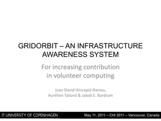 GridOrbit – An Infrastructure awareness System For increasing contribution in volunteercomputing Juan David Hincapié-Ramos,  AurélienTabard& Jakob E. Bardram May 11, 2011 – CHI 2011 – Vancouver, Canada 