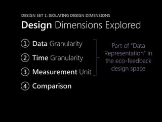 DESIGN SET 1: ISOLATING DESIGN DIMENSIONS

Design Dimensions Explored
1 Data Granularity                      Part of “Data
                                      Representation” in
2 Time Granularity                    the eco-feedback
                                        design space
3 Measurement Unit

4 Comparison
 