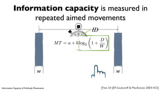 Information capacity is measured in
repeated aimed movements
W W
D
[Fitts 54 JEP, Soukoreff & MacKenzie 2004 HCI]
ID
Infor...