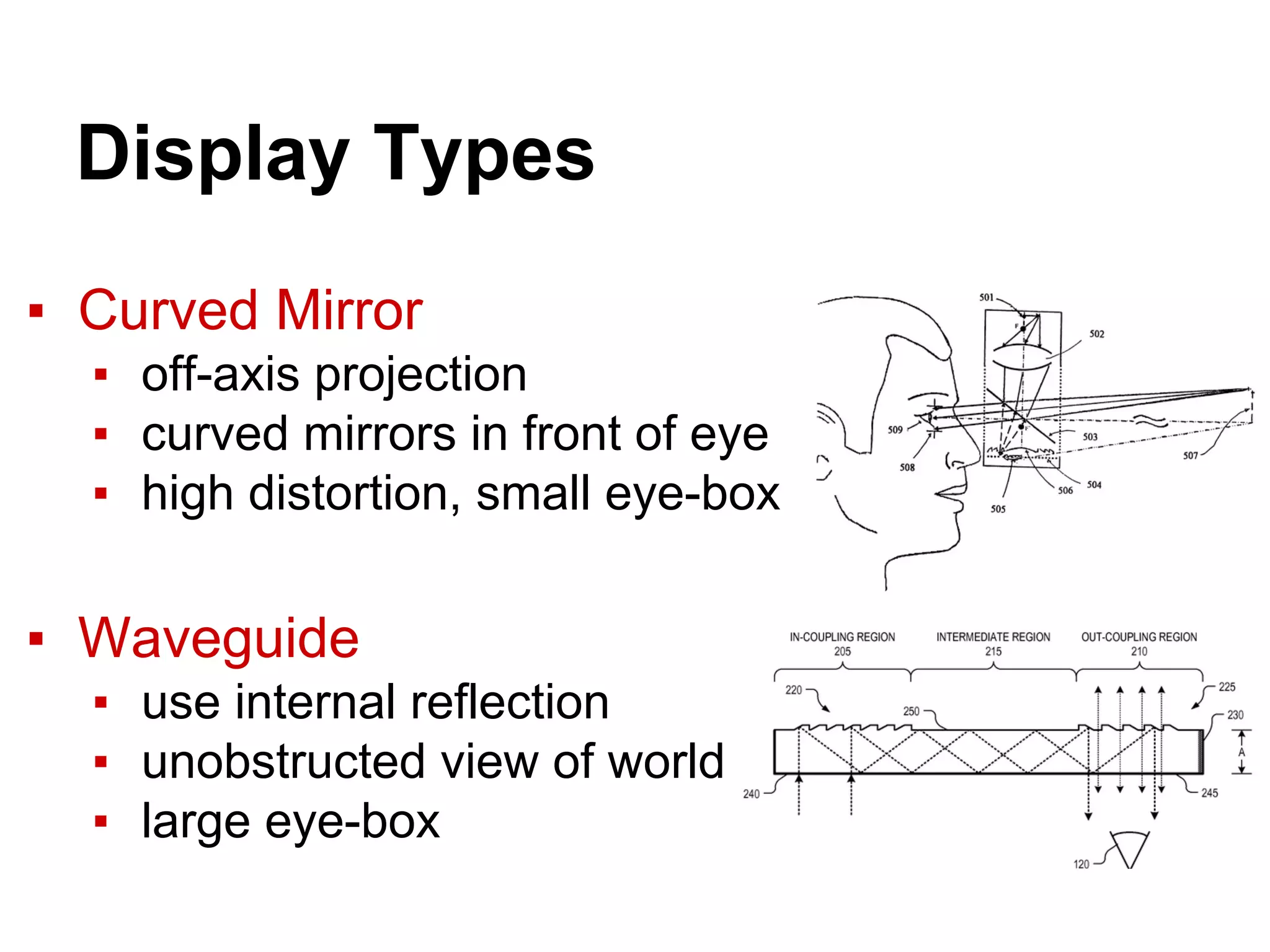 Display Types
▪ Curved Mirror
▪ off-axis projection
▪ curved mirrors in front of eye
▪ high distortion, small eye-box
▪ Waveguide
▪ use internal reflection
▪ unobstructed view of world
▪ large eye-box
 