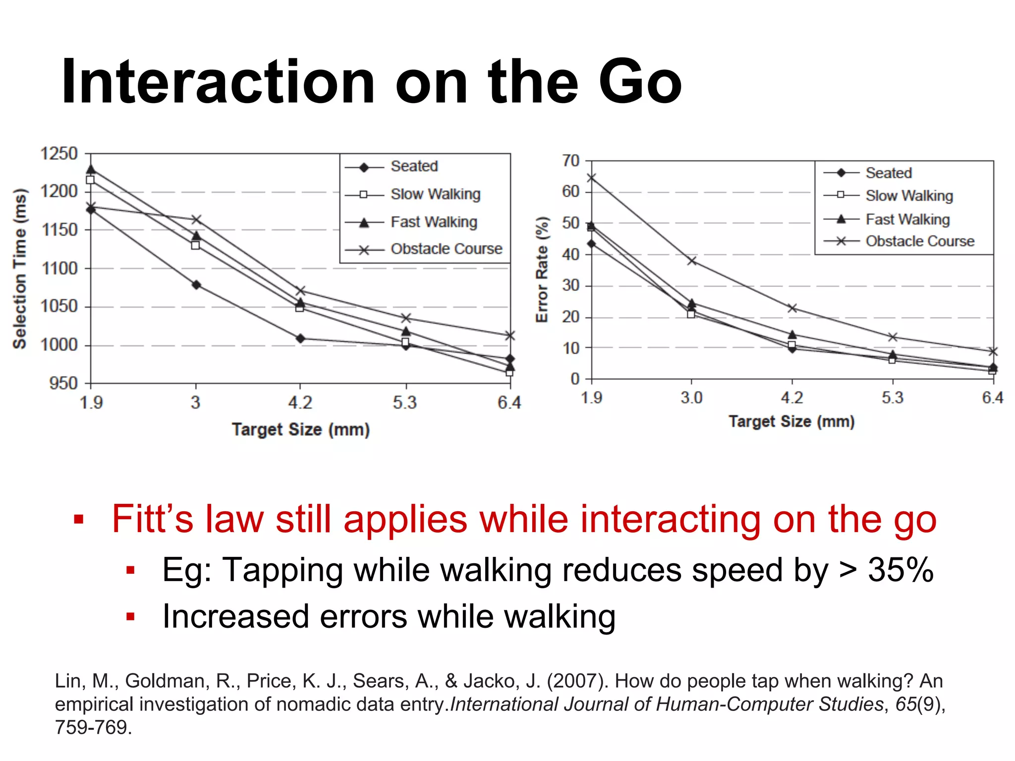 Interaction on the Go
▪ Fitt’s law still applies while interacting on the go
▪ Eg: Tapping while walking reduces speed by > 35%
▪ Increased errors while walking
Lin, M., Goldman, R., Price, K. J., Sears, A., & Jacko, J. (2007). How do people tap when walking? An
empirical investigation of nomadic data entry.International Journal of Human-Computer Studies, 65(9),
759-769.
 